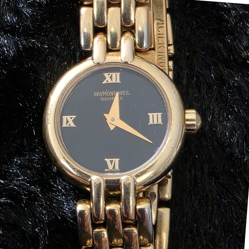Vintage Raymond‎ Weil Watch Women 18k Gold Plated Black Dial Panther link 5806-2